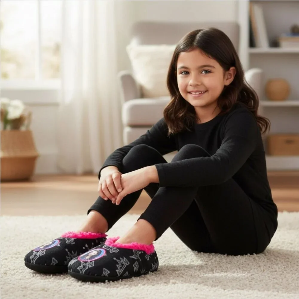 Disney ✦ Descendants Fuzzy Slippers ✦ Black Pink Mal Crown Design Girls M/L NWT